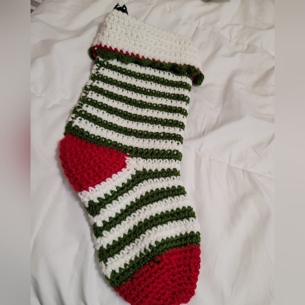 Handmade Crochet Stocking (Vintage) White with H.Green Stripes, red Toe and heel